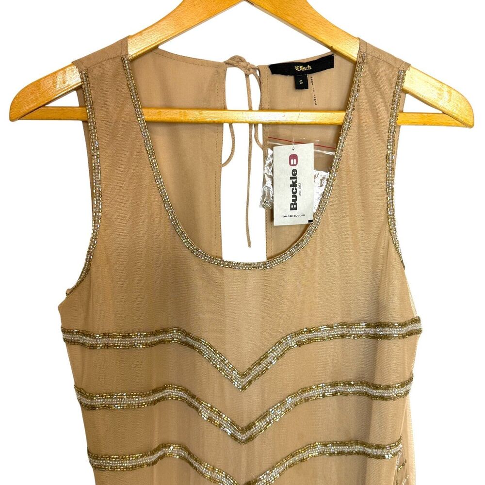 Buckle Sheer Mesh Lined‎ Back Tie Tan Gold Beaded Tank Top Size Small NWT - Picture 5 of 15